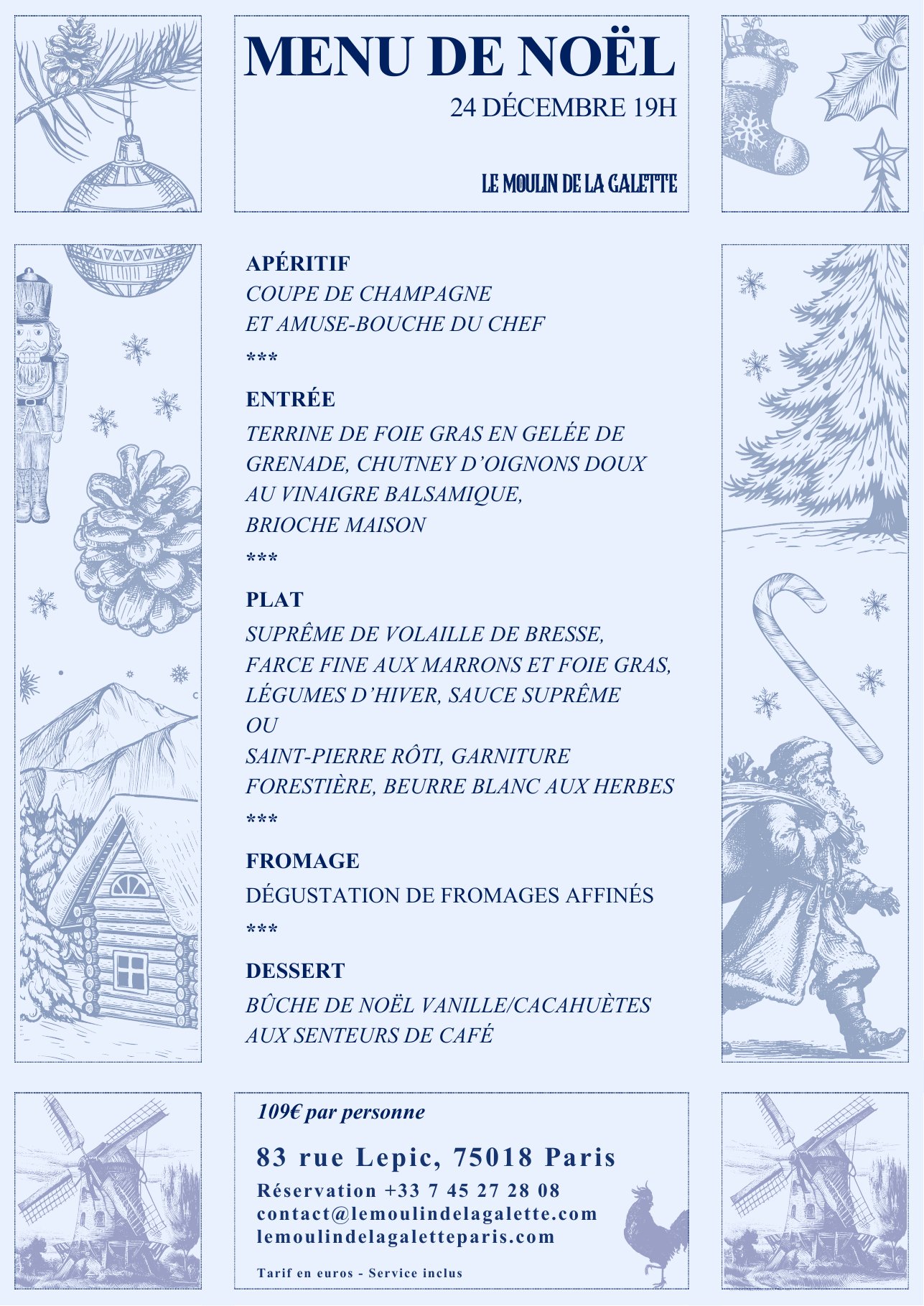 Menu du réveillon de Noël du 24 décembre 2026 au Moulin de la Galette, Montmartre