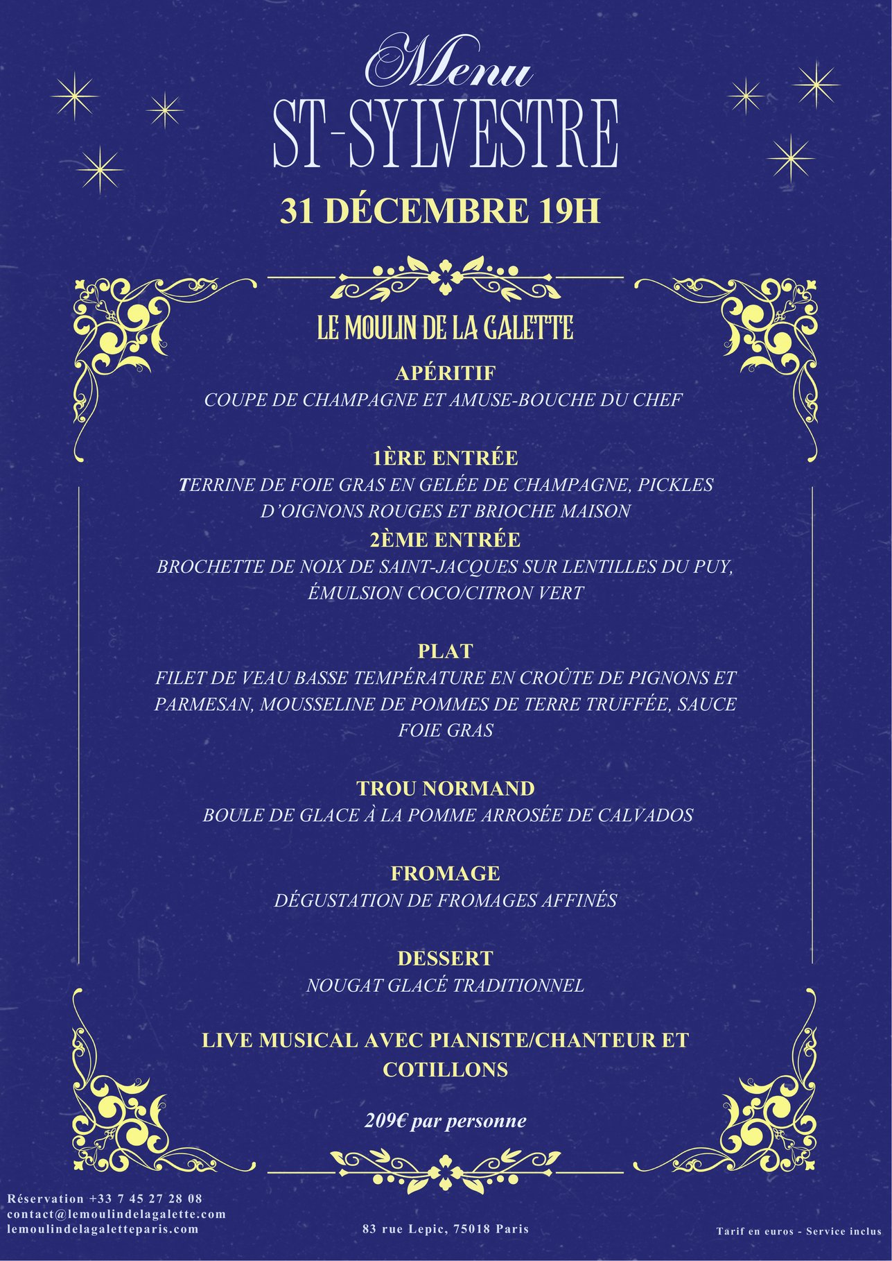 Menu du réveillon de la Saint-Sylvestre du 31 décembre 2026 au Moulin de la Galette, Montmartre